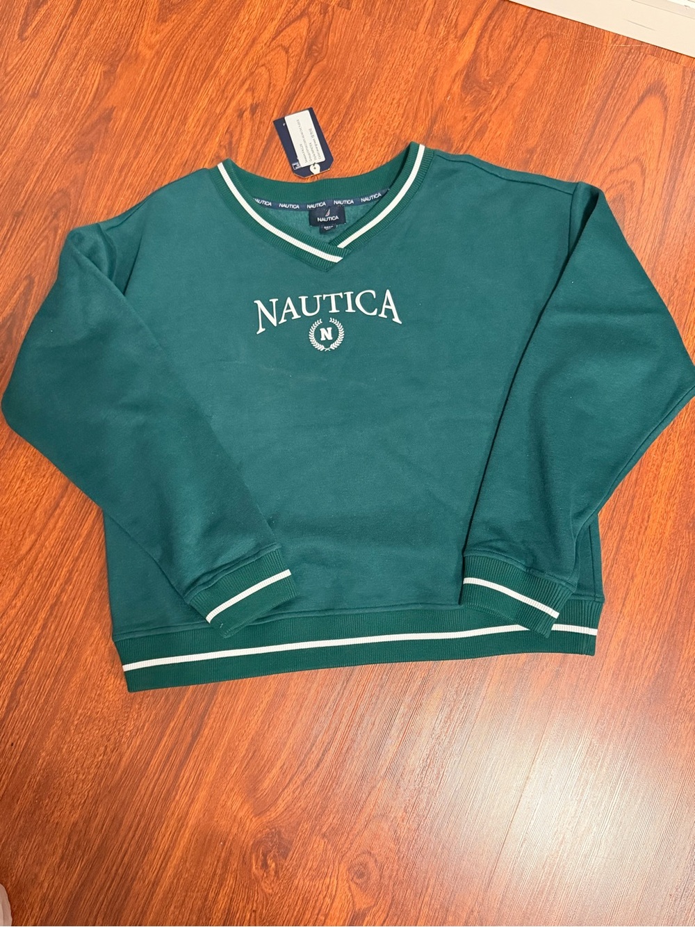 Nautica women’s Teal V-Neck Logo Pullover Sweater with Contrast Trim